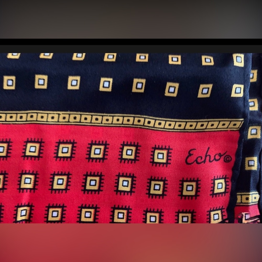 ECHO Vintage Baroque Regal Yellow/Black/Red 100 percent silk Scarf 47” x 14”